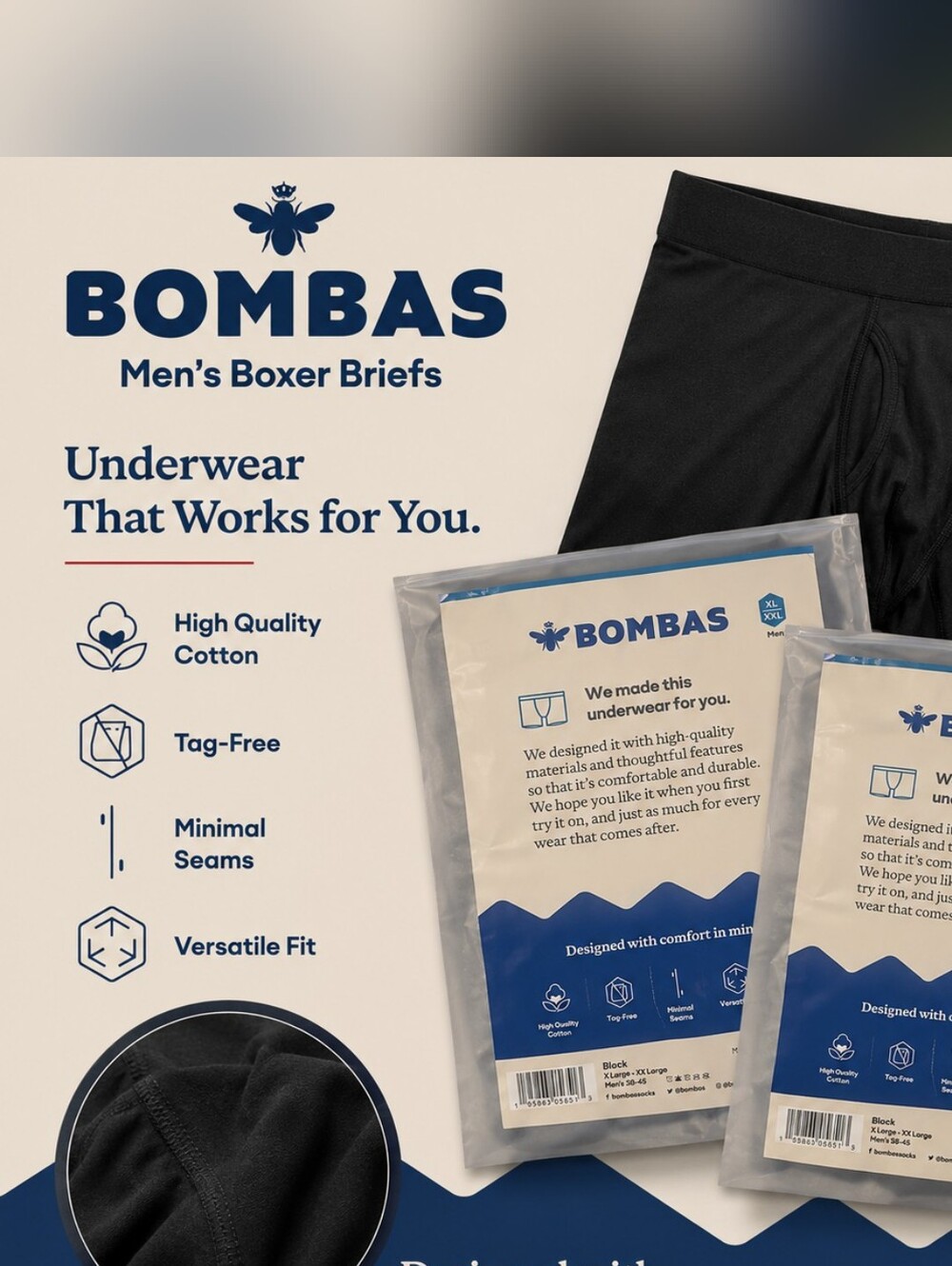 2 Pack Bombas Black Men's Boxer Briefs - Packaged Comfort XL-XXL